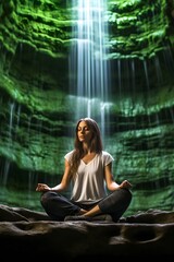 Woman sitting in lotus position, yoga in nature, meditation, fantasy, relaxation