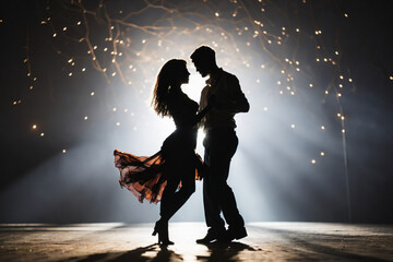 Silhouette of a dancing couple dancing in nightclub,Generative IA