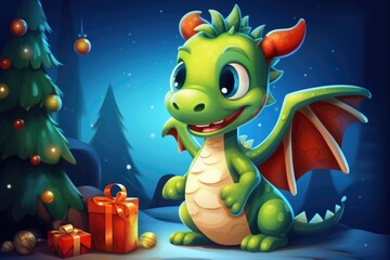 2d illustration of a happy cute baby dragon near a Christmas tree with gifts. year of the dragon