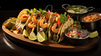 "Südländische Vielfalt im Taco-Format: Gegrillte oder gebratene Garnelen mit einer Fülle von köstlichen Belägen – Garnelen-Tacos, ein Geschmacksabenteuer!"