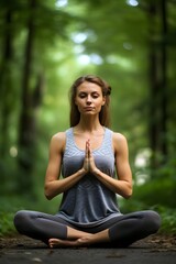 Fototapeta premium Woman sitting in lotus position, yoga in nature, meditation, fantasy, relaxation