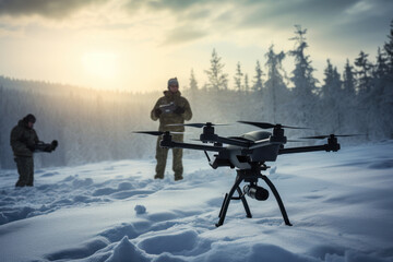 Fototapeta na wymiar Military personnel operating drones for reconnaissance and surveillance in snowy terrain. Generative AI