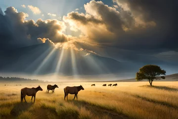 Foto op Plexiglas A serene grassland ecosystem with grazing animals and a wide-open sky. © ZAINAB
