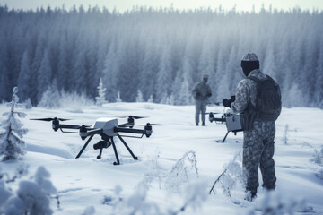 Military personnel operating drones for reconnaissance and surveillance in snowy terrain. Generative AI