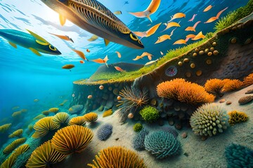 Fototapeta na wymiar An expansive coral reef ecosystem with colorful fish and intricate coral formations.