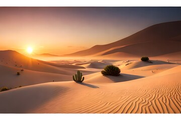 An arid desert ecosystem with cacti, sand dunes, and a blazing sun.