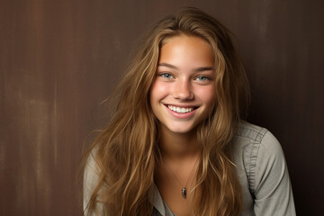 Naklejka premium smiling teenage girl in studio on brown background