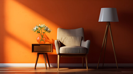 Contemporary interior design background. nterior of living room with orange  houseplants and sofa. Scandinavian living room..