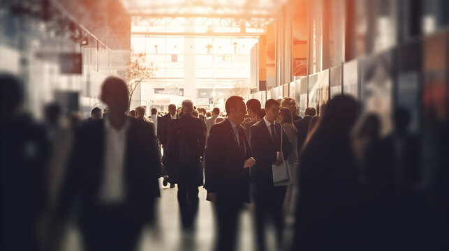 Blurred image of business people walking in a modern hall, motion blur
