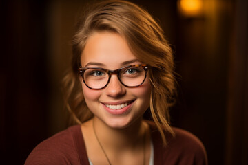 Fototapeta na wymiar smiling teenage girl with glasses in studio on brown background