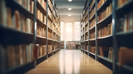 Blurred library interior space with bookshelves, shallow depth of field, Learning and education...