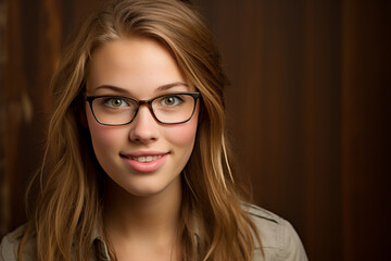 Fototapeta na wymiar smiling teenage girl with glasses in studio on brown background