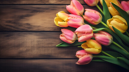 Bouquet of pink and yellow tulips on a wooden background with copyspace. Flat lay, top view, for banner background
