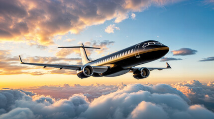 Fototapeta na wymiar Airplane flying with a beautiful sky and clouds, sunset background, private jet and travel concept