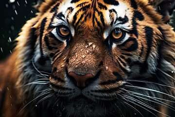 The fierce beauty of a tiger captured in a close-up portrait, with its powerful gaze and majestic presence, exemplifying the wild and endangered big cat