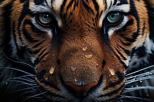 The fierce beauty of a tiger captured in a close-up portrait, with its powerful gaze and majestic presence, exemplifying the wild and endangered big cat