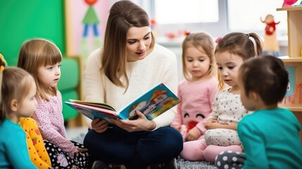 Generative AI, young beautiful woman kindergarten teacher reading a book to children, nanny, day care group, child, toddler, kids, primary school, children's room, Montessori, Reggio, pedagogy