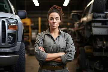 Foto op Canvas A female car mechanic in work clothes stands next to a car on a lifting platform Generative AI © Moonpie
