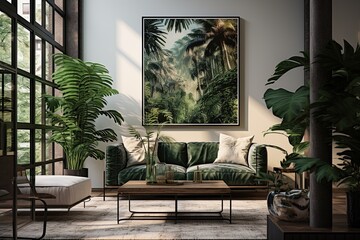 In a modern, Scandinavian-inspired living room, the interior design exudes comfort and style. A white sofa, wooden furniture, green plants, and cozy decor create a welcoming, natural ambiance. - obrazy, fototapety, plakaty