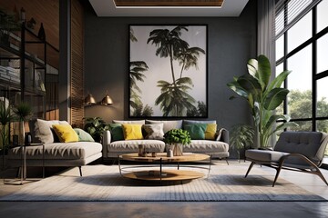 Fototapeta premium In a modern, Scandinavian-inspired living room, the interior design exudes comfort and style. A white sofa, wooden furniture, green plants, and cozy decor create a welcoming, natural ambiance.