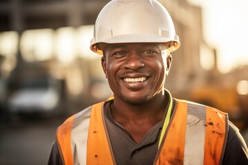 Laughing construction worker with orange helmet and safety vest Generative AI - obrazy, fototapety, plakaty