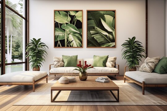 In a modern, Scandinavian-inspired living room, the interior design exudes comfort and style. A white sofa, wooden furniture, green plants, and cozy decor create a welcoming, natural ambiance.