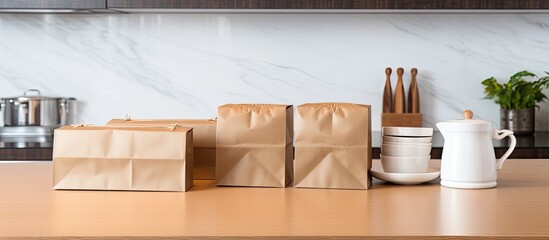 Local cafe food packages placed on kitchen counter