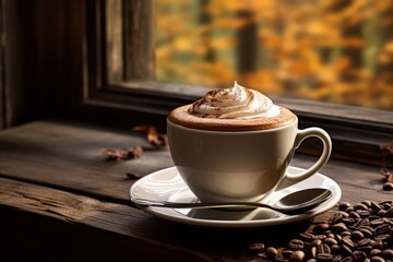 A steaming cup of Cafe Mocha garnished with whipped cream and cocoa powder, sitting on a rustic wooden table in a cozy coffee shop with soft morning light filtering through the window