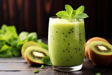 A Refreshing Summer Delight: Close-Up of a Vibrant Green Kiwi and Lime Smoothie, Garnished with Fresh Mint Leaves and Served in a Tall Glass