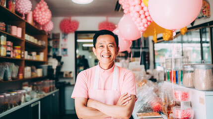 Asiatic man working at a candy shop