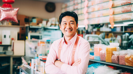 Asiatic man working at a candy shop