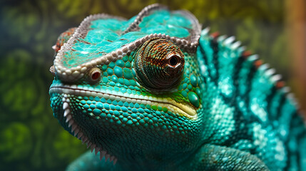 Fototapeta premium Close up of a green chameleon on a branch with blur in the background, macro lens photography