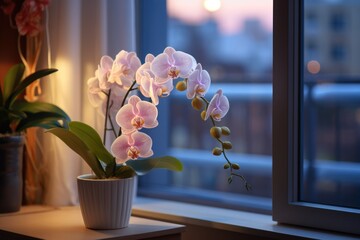 flower and leaves of the phalaenopsis orchid in a flower pot on the windowsill in the house. Care of a houseplant. Home garden. Room interior decoration - obrazy, fototapety, plakaty