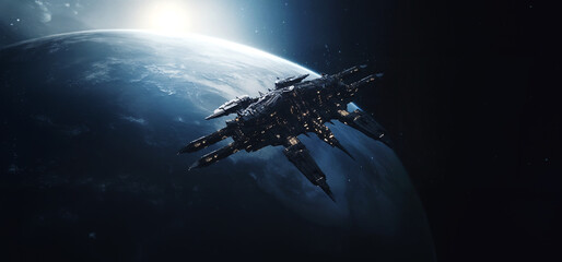 Gothic spaceship with dark and sharp colors flying in the space over the planet earth. Cinematic photography