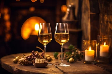 Fotobehang An elegant glass of golden Sherry wine, beautifully illuminated by soft candlelight, placed on a rustic wooden table against a backdrop of vintage wine barrels © aicandy