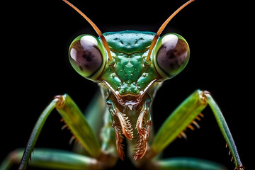 Close up of a green praying mantis isolated on black background with water drops, macro lens photography - obrazy, fototapety, plakaty