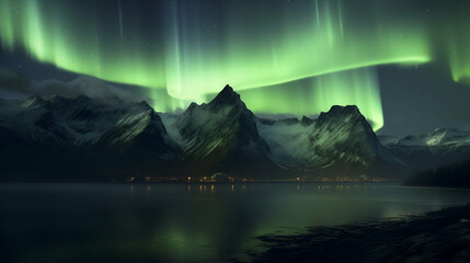 Small town at the foot of the mountain with a night sky illuminated by the northern lights, aurora borealis