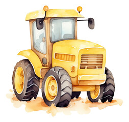 Watercolor yellow tractor vehicle isolated.