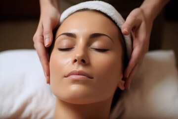 Close-up of a beautiful young woman having a head or face massage in a spa salon wellness, Beauty healthy lifestyle and relaxation concept
