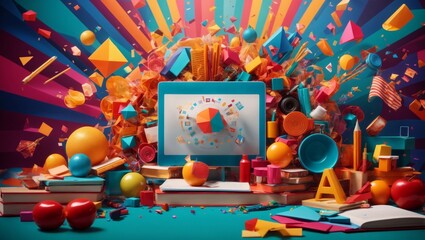 Illustration of numerous components and colorful shapes filling the image and taking form, representing the educational sector as a school.