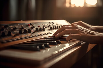 Close-up of hands of a musician playing on a synthesizer, music learning, talent, hobby, entertainment, festival, performance, ad concept - obrazy, fototapety, plakaty