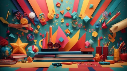 Illustration of numerous components and colorful shapes filling the image and taking form, representing the educational sector as a school. - obrazy, fototapety, plakaty