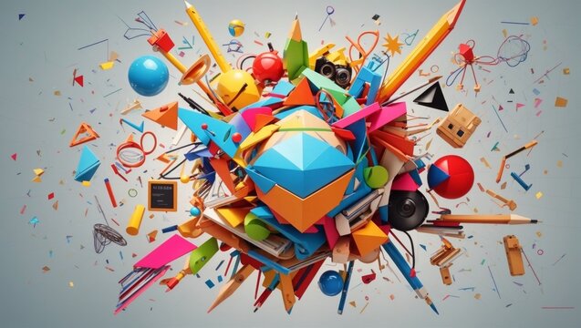 Illustration of numerous components and colorful shapes filling the image and taking form, representing the educational sector as a school.