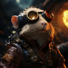 Fototapeta premium A small cute rodent wearing steampunk goggles and protective gear. Generative AI. 