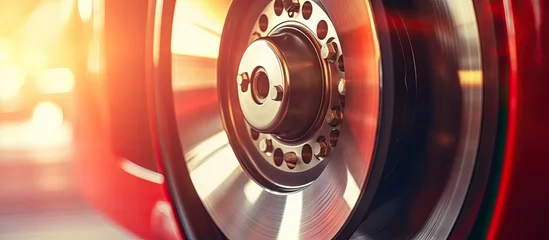 Fotobehang Replacing wheel pads in a car service garage with a closeup of the steel brake disk and wheel hub © 2rogan