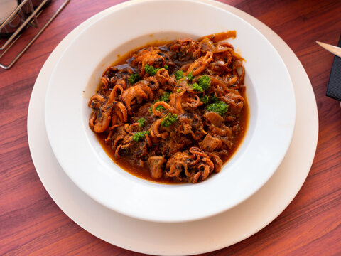 Mediterranean cuisine, mini octopuses with tomato sauce and onions in a white ceramic plate