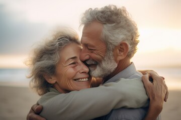 A couple of people aged hugging at the beach senior woman stock photo