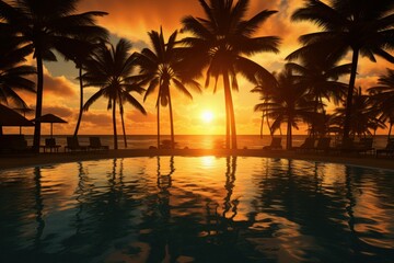 Fototapeta na wymiar Sunset at beach with palm trees near swimming pool