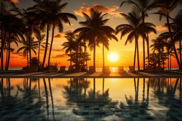 Fototapeta na wymiar Sunset at beach with palm trees near swimming pool
