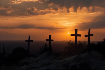 Crosses silhouetted against the setting sun in the mountains. Ash Wednesday, Good Friday, Easter Sunday, Easter Monday, All Saints Day Religious concept